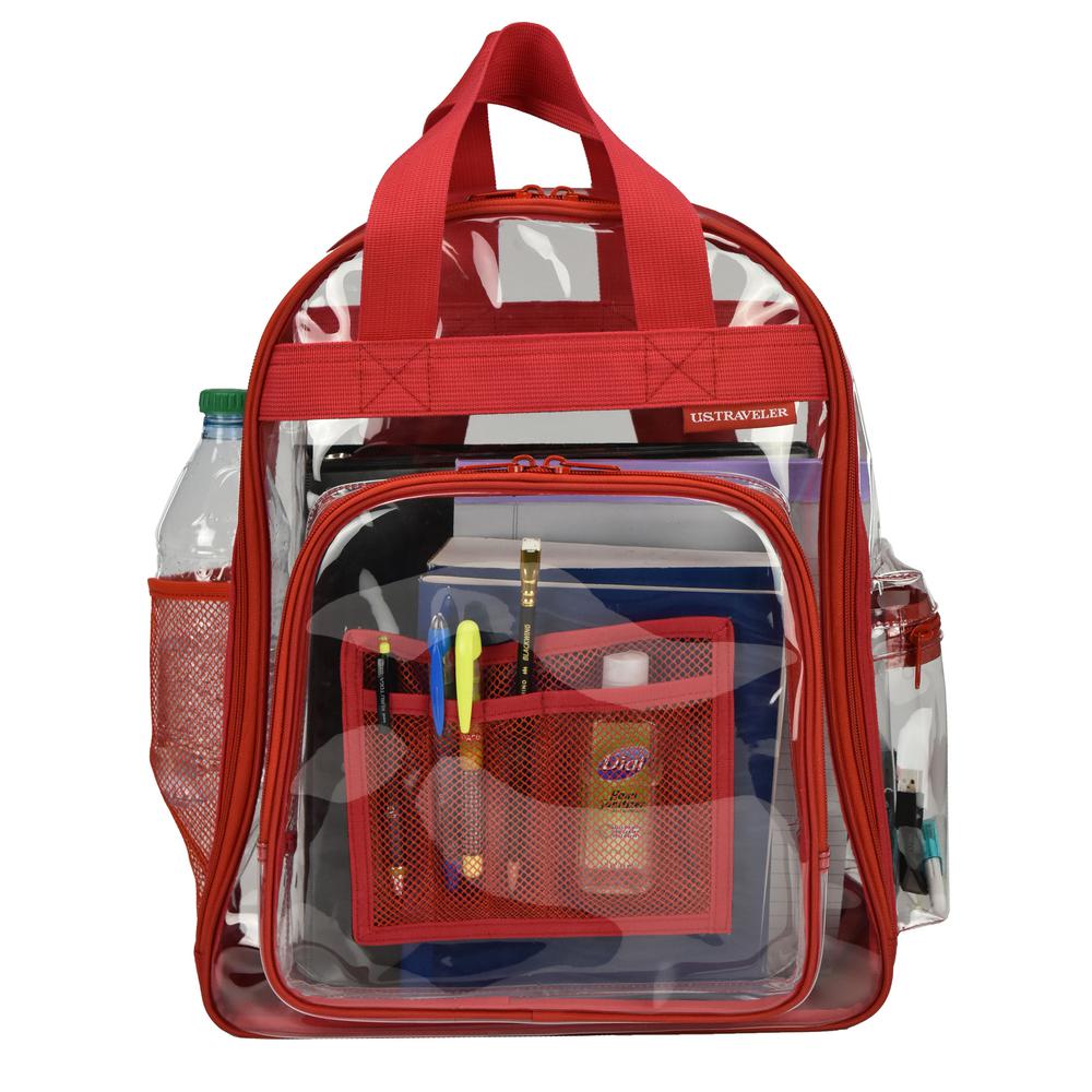 17 in. Red Clear School Backpack/Travel Daypack with Top Handle Straps and Multiple Pockets