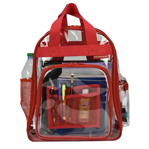 17 in. Red Clear School Backpack/Travel Daypack with Top Handle Straps and Multiple Pockets